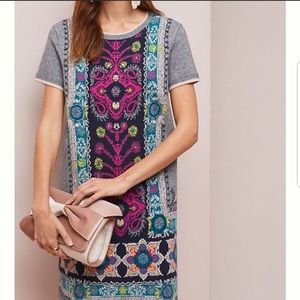 Anthropologie Grey Shift Dress with Navy and Fuchsia Embroidered Panel